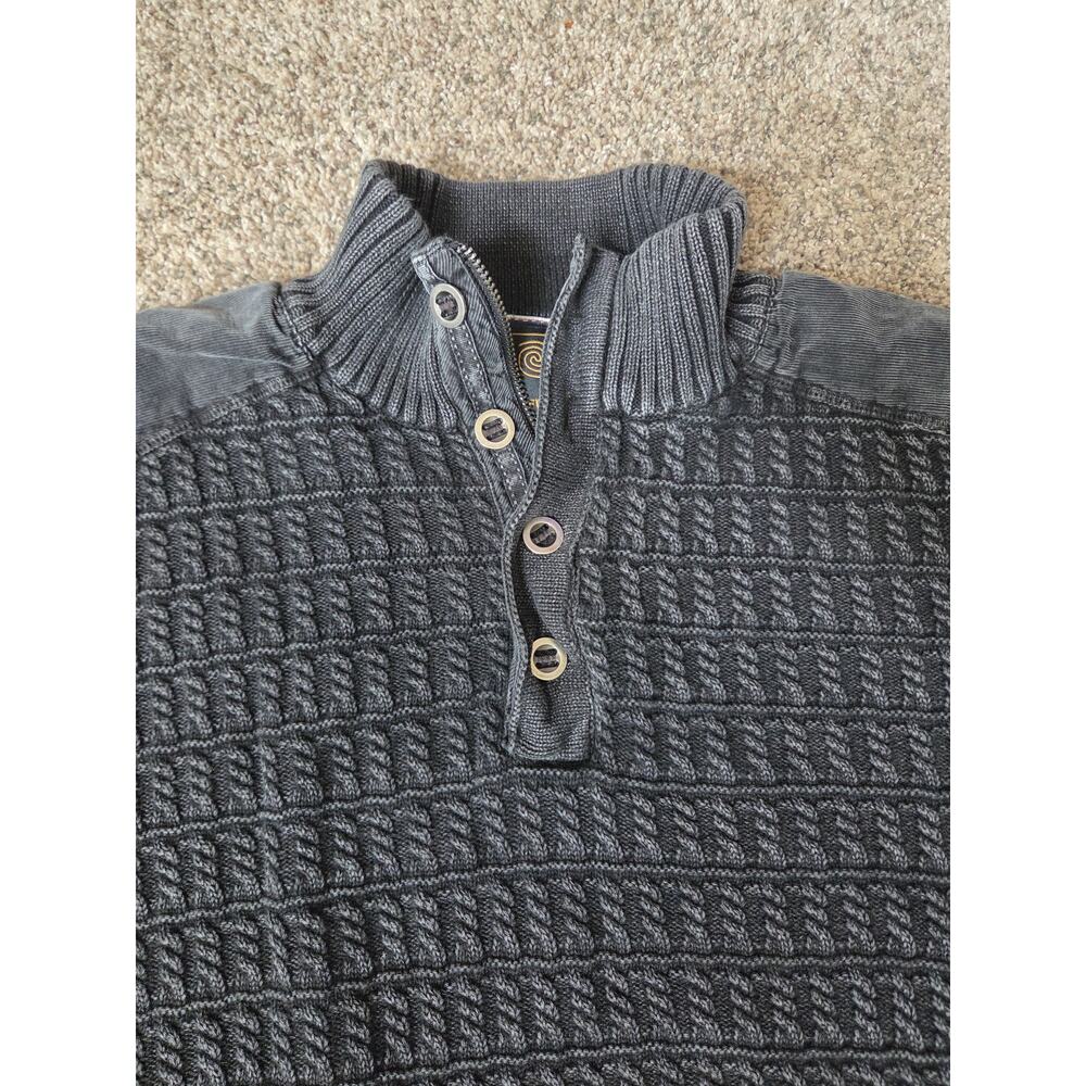 F/X Fusion Men's Quarter Button Knit Sweater Mock Neck Shoulder Patches Sz L - Picture 3 of 6